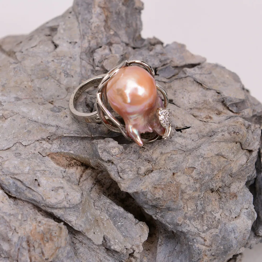 GG Natural Pink Purple Keshi Pearl Ring White Gold Plated CZ Paved Baroque Pearl Rings Lady Party Gift