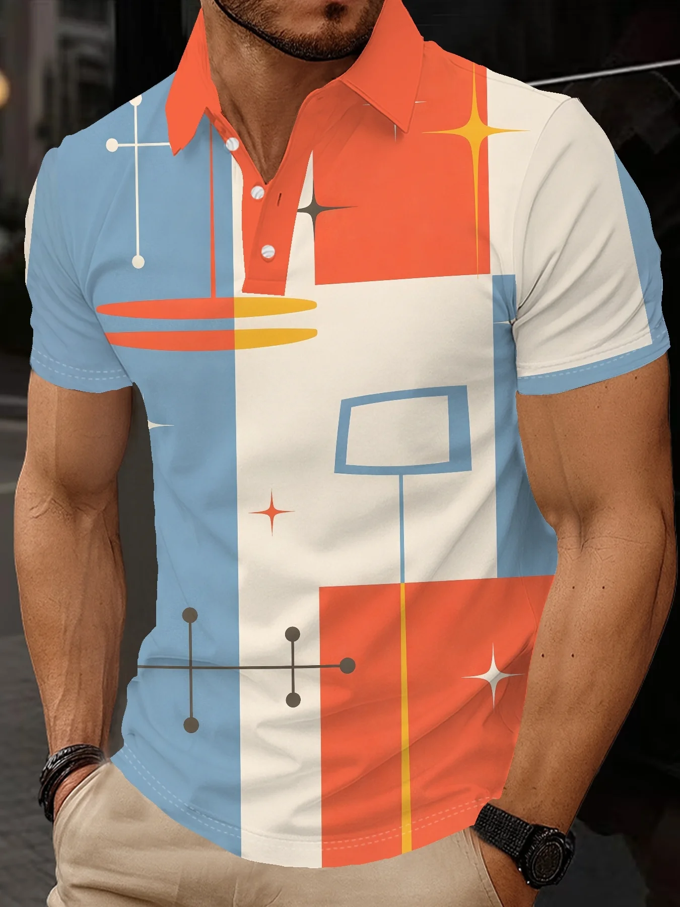 New men's short-sleeve polo shirt T-shirt, loose-fitting and tailored with printed patterns, versatile basic crew-neck top suita