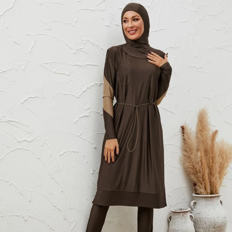 

Мусульманский купальник для женщин: скромное платье, брюки с высокой талией, хиджаб, исламский комплект из 3 предметов, круглый вырез, полностью закрытый купальный костюм