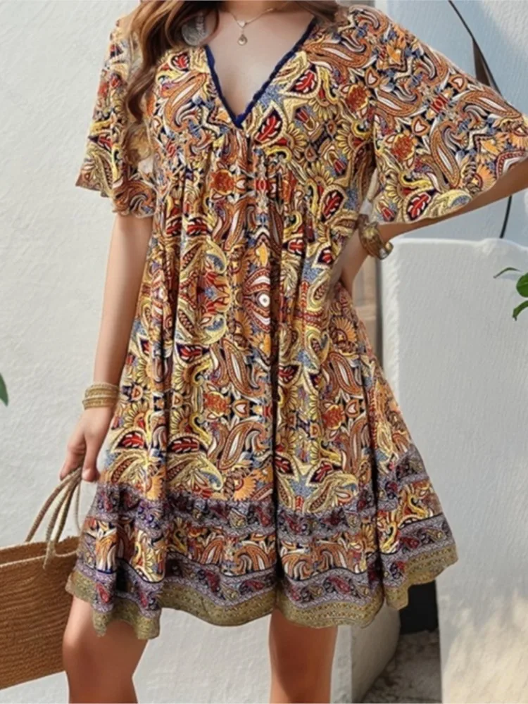 Minivestido bohemio con estampado Floral para mujer, vestido de manga corta con cuello de pico, informal, holgado, para vacaciones y playa, verano