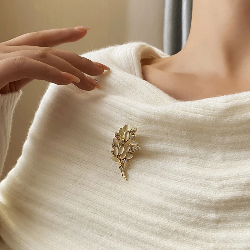 High-end Micro Inlaid Zircon Opals Wheat Ear Shaped Gold Color Brooches 2025 Trendy Jewelry For Women Elegant Badges and Pins