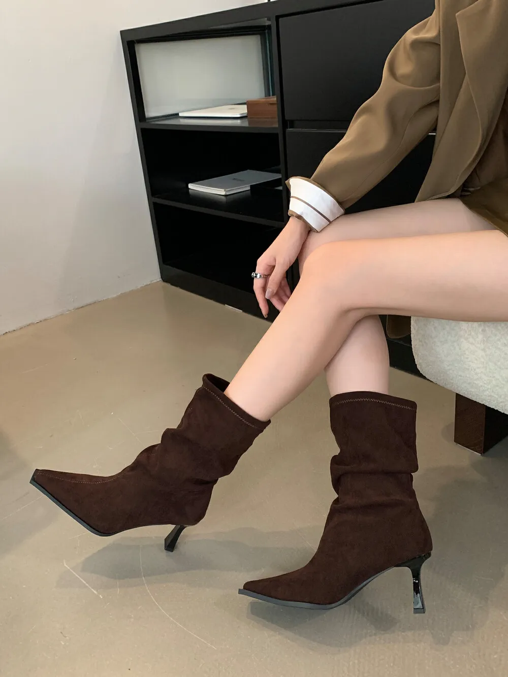 Flock Women Mid Calf Boots Slip On Chelsea Botas Thin High Heels Shallow Slip On Fashion 2024 New Arrivals Party Pumps Size 39