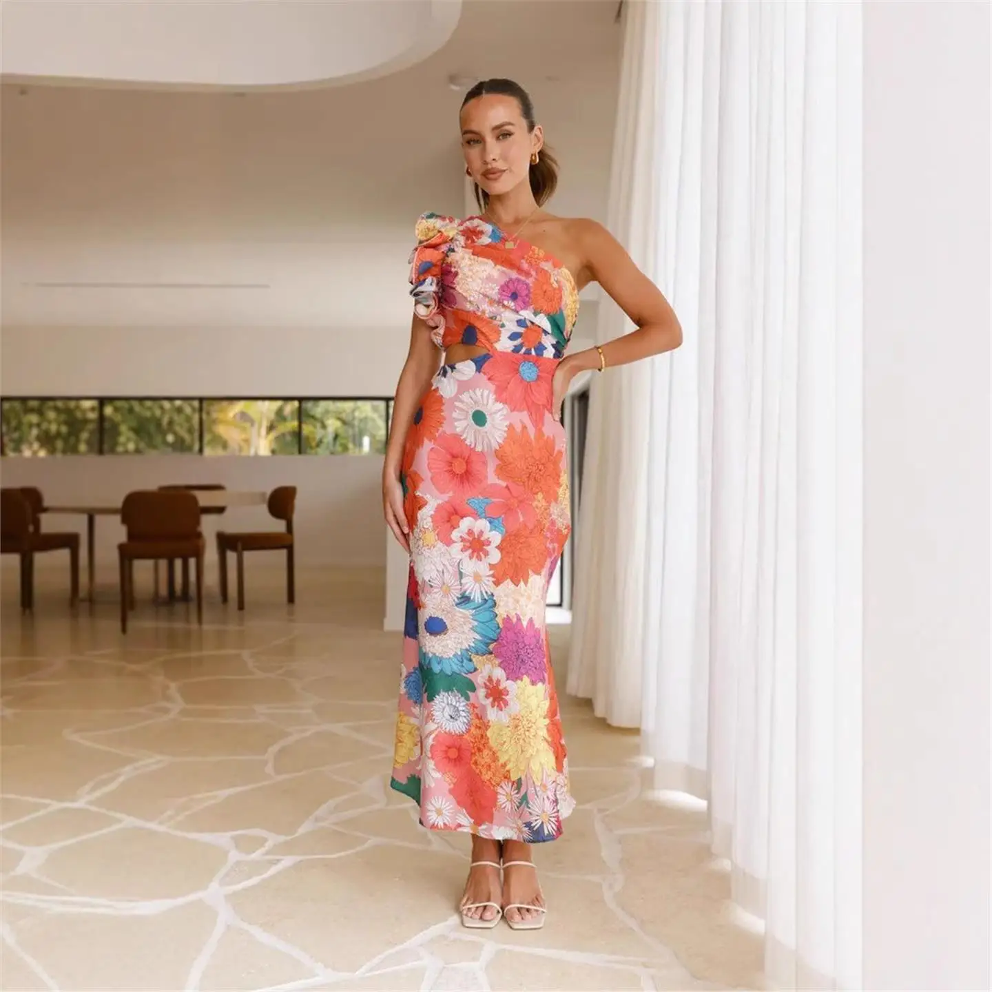 Fashionable Slim Fit Single Shoulder Summer Dress Elegant Holiday Style Elastic Waist No Sleeve Citywalk Perfect Midi Dress