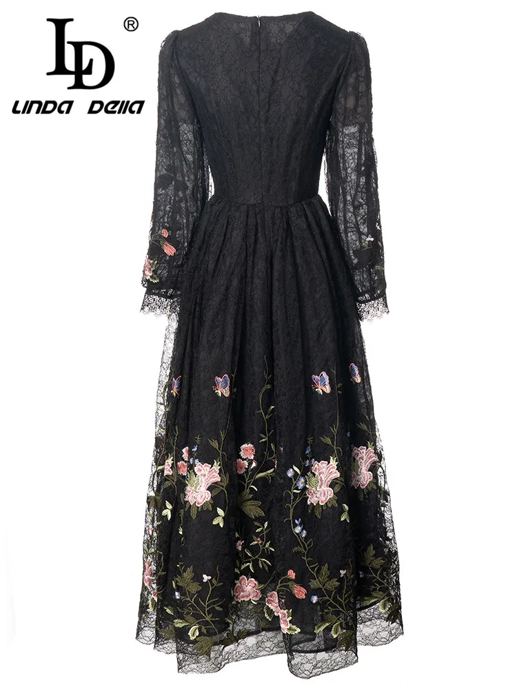 LD LINDA DELLA 2024 Autumn Elegant Pretty Fashion Dress Women\'s Black Extravagant Embroidery Splice Draped Slim Fit Lace Dress