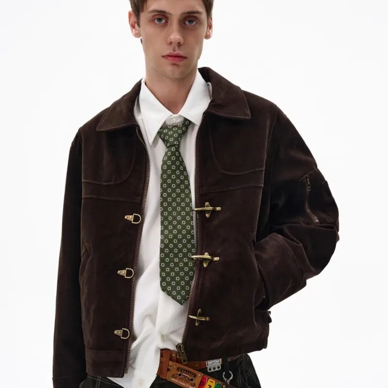 Suede Toggle Button Jacket Unisex Vintage Old Money Cropped Coat Zip Up Panel Outerwear Loose Streetwear Retro Bomber Autumn