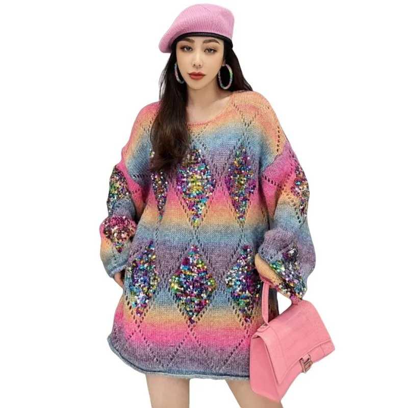 Vefadisa 2024 Spring Autumn New Low Round Neck Pullover Sweater Women Long Sleeves Sequin Hollow Knitwear Large Size ZXF416B