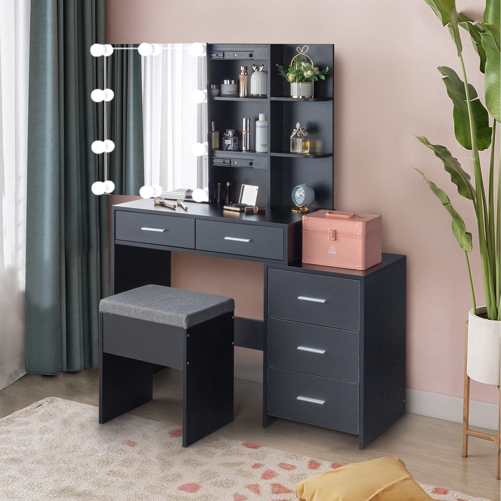 Particleboard Triamine Veneer 5 Pumps 2 Shelves Mirror Cabinet Three Dimming Light Bulb Dressing Table Set Black