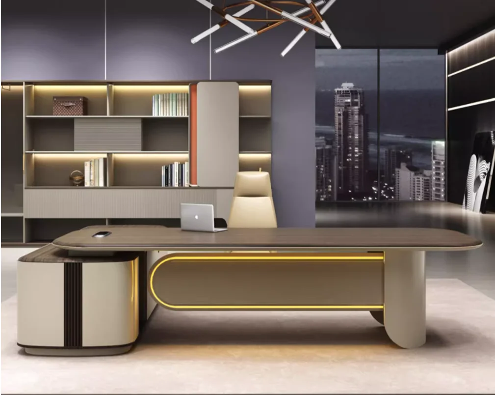 

Office CEO Desk Luxury Modern Table Drawers L Shape Large Executive Boss Computer Table With Led Light