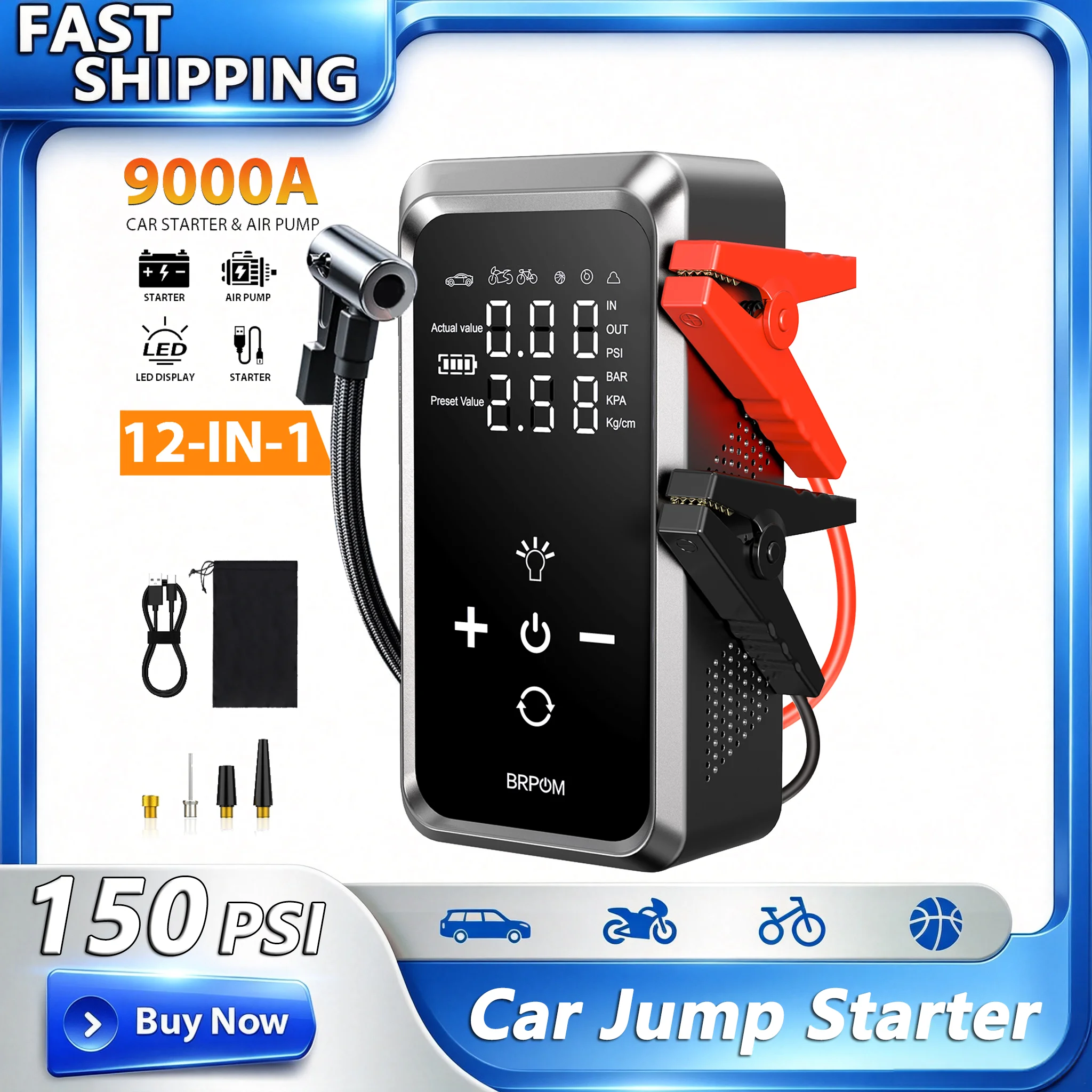 Image of 2-in-1 tragbarer Starthilfekasten mit LCD-Display und LED-Leuchten, 26800 mAh tragbare Auto-Batterie-Powerbank, 9000 A Spitzenleistung, Starthilfe für Autos mit 150 PSI Luftkompressor für