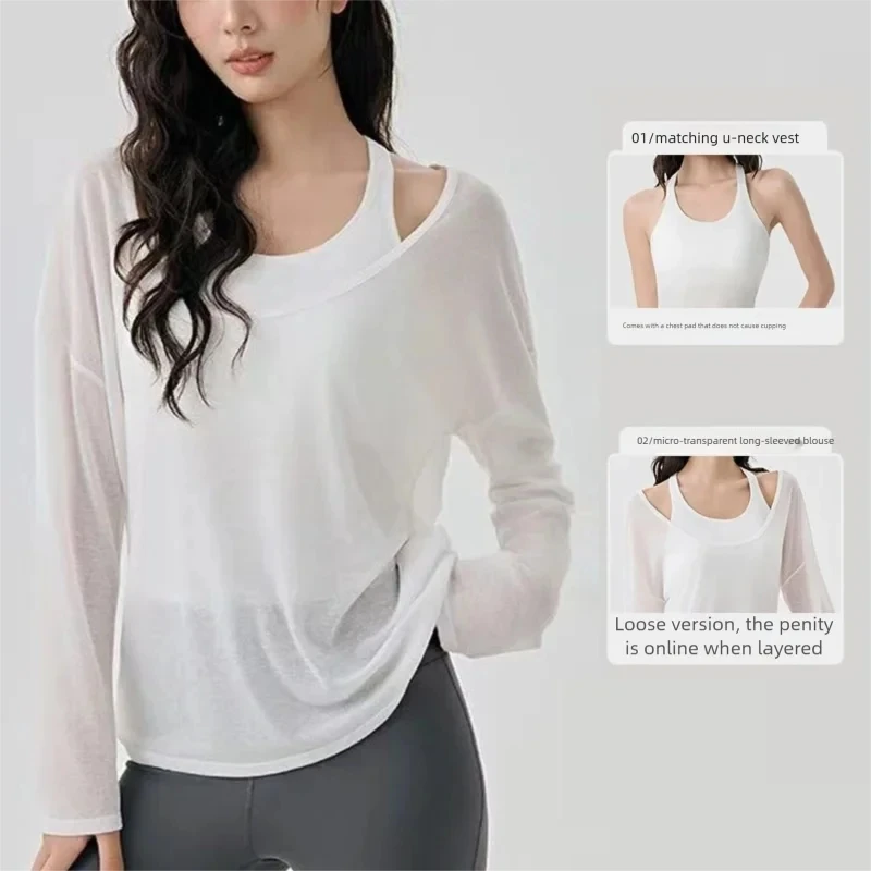 

Топы, блузка для йоги, высококачественный многослойный комплект из двух предметов, дышащая верхняя одежда для пилатеса и фитнеса с длинными рукавами и накладкой на грудь, красивая спина