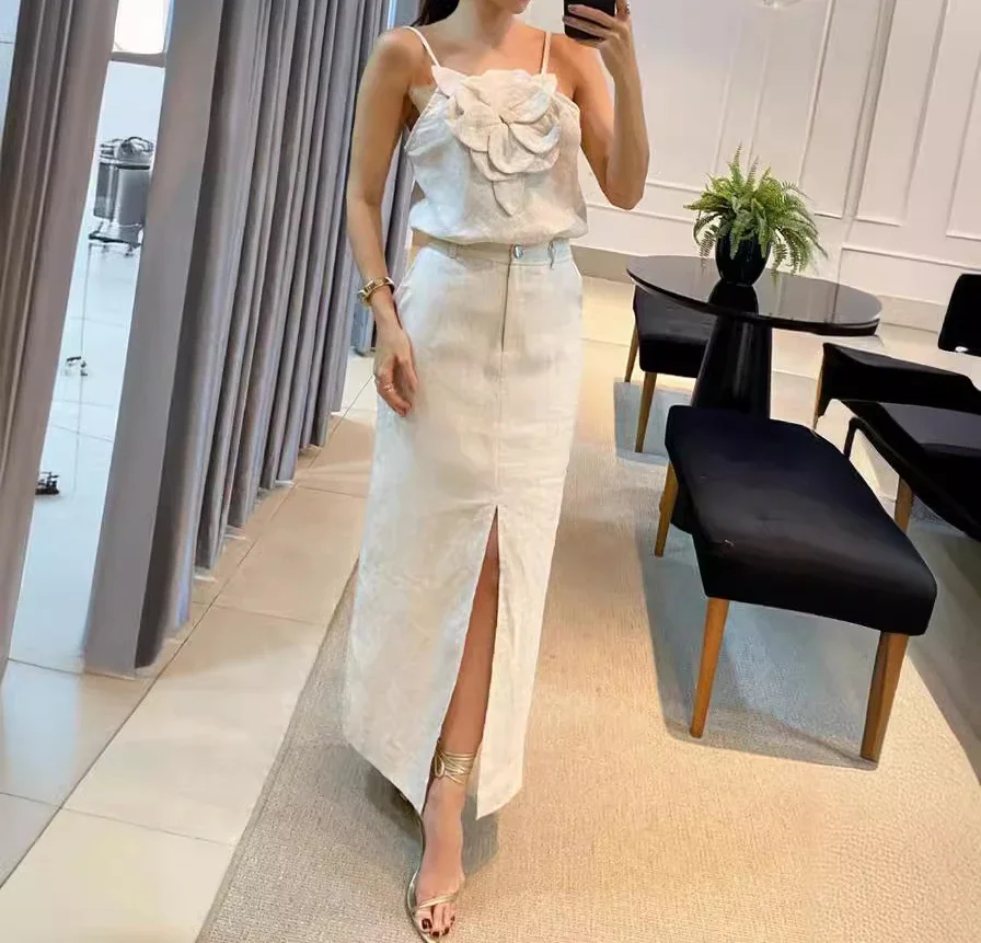 Elegant Skirt Sets Women\'s Clothing Summer 2024 Fashion Suspender Sleeveless Top Pocket Y2k Longuette Suits Female Streetwear