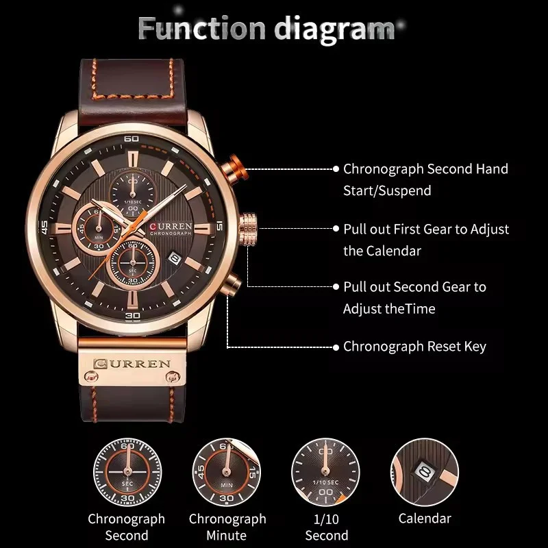 Curren 8291 Modne męskie zegarki Top Marka Luksusowy Chronograf z Brwiową Skórzaną Tarczą Datownik Wodoodporny Zegarek Sportowy dla Mężczyzn Reloj Hombre