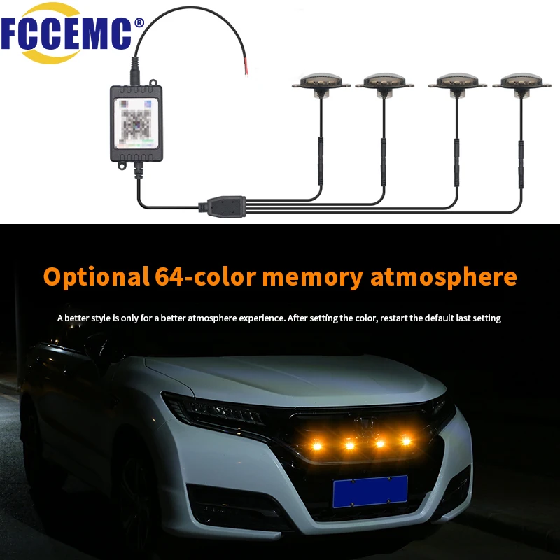 LED Car Front Grille Lighting Lamp Amber Front Hood Grille Light App Control Multi-function Waterproof Auto Strobe Light 12v