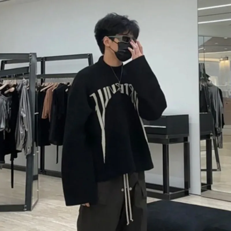 HKSH Spring Autumn Winter Men\'s Tide RO Heavy Niche O-Neck Letter Jacquard Knitted Pullover Silhouette Loose Dark Sweater HK3476