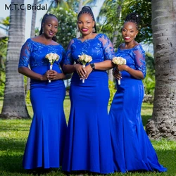 Wholesale Royal Blue 2024 Long African Bridesmaid Dresses Half Sleeves Mermaid Lace Satin Wedding Party Gowns Custom Made
