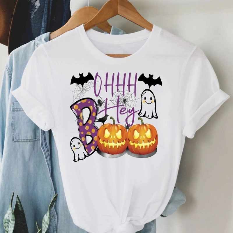Polyester T Shirt Halloween Pumpkin Ghost Printed Tops Breathable Spandex Casual Tee Ohhh Hey Boo Holiday Apparel
