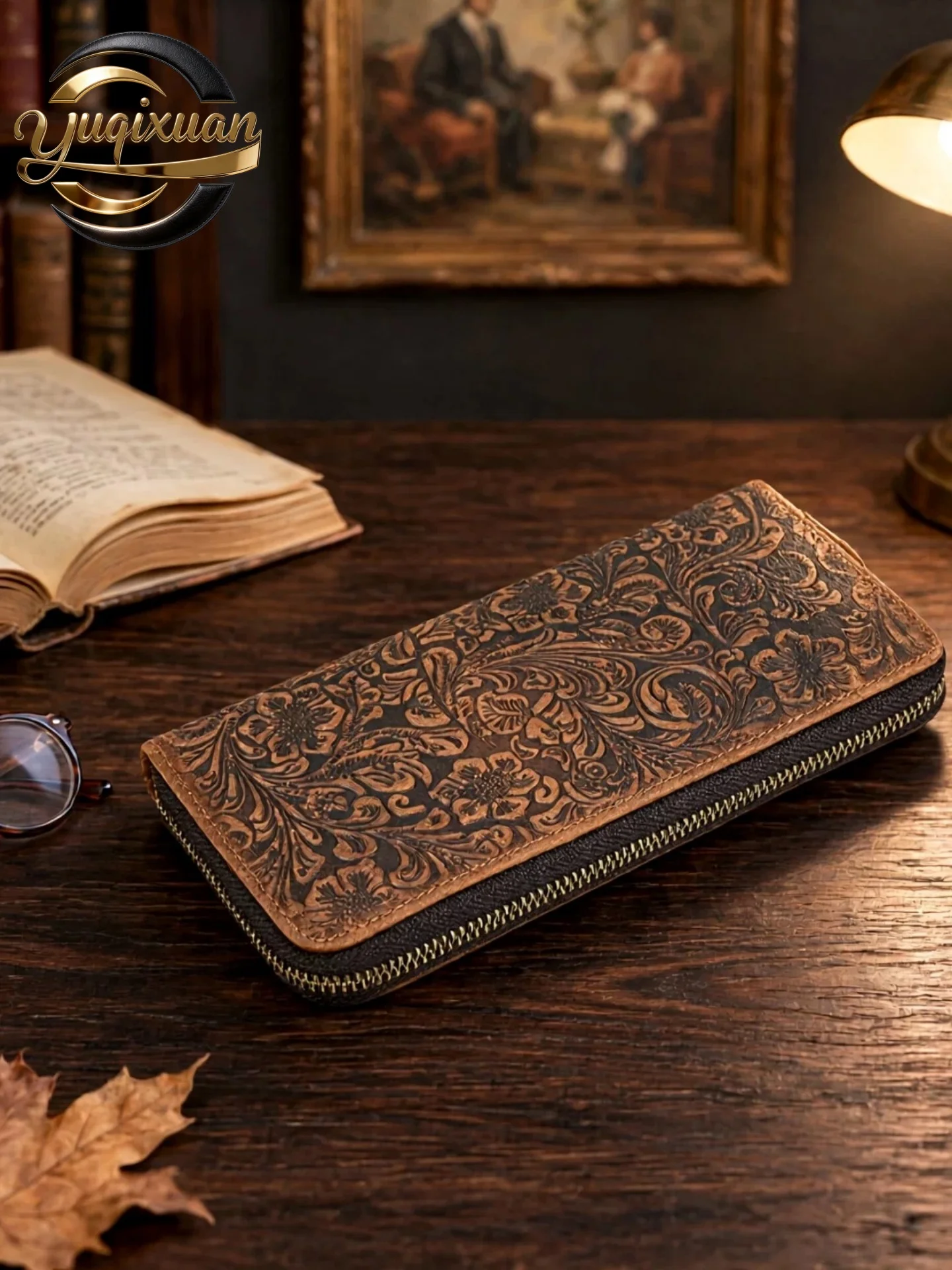 yuqixuan-vintage-long-wallet-genuine-leather-multi-card-slot-mobile-phone-bag-for-men-stylish-floral-embossed-design
