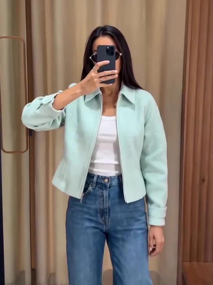 Mint Green Lapel Jackets Women's Full Sleeves Zipper Turn-down Collar Short Coats 2026 New Ladies Autumn Casual Office Outwear