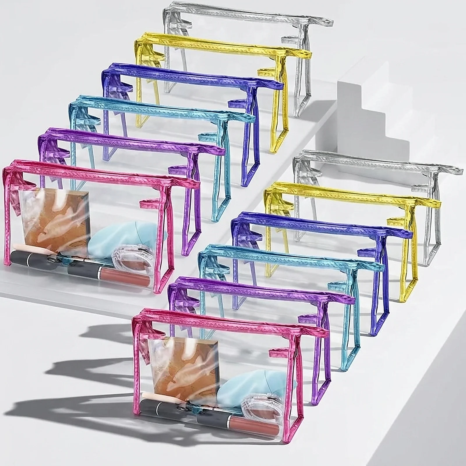 Zoyiancy 12 Pack Clear Travel Toiletry Pouches, Standing Transparent Cosmetic Bags with Colorful Trim, Zipper Pen Case & Makeup Organizer for  Office Daily Use