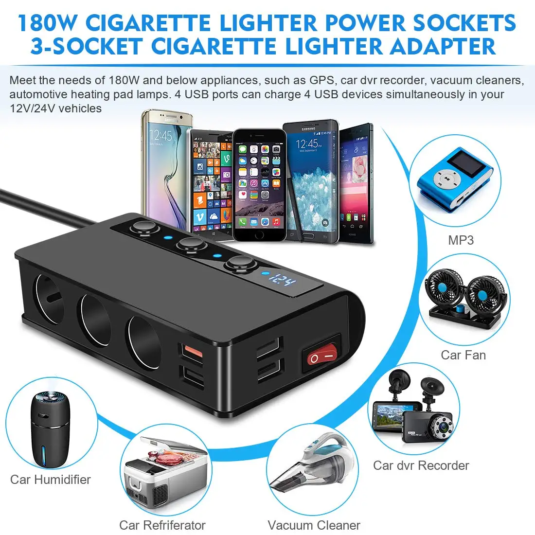 

180W 4 Port USB Charging Socket Cigarette Lighter Splitter Quick Charge 12V 24V For Phone IPad 3.0 Car Charger Adapte