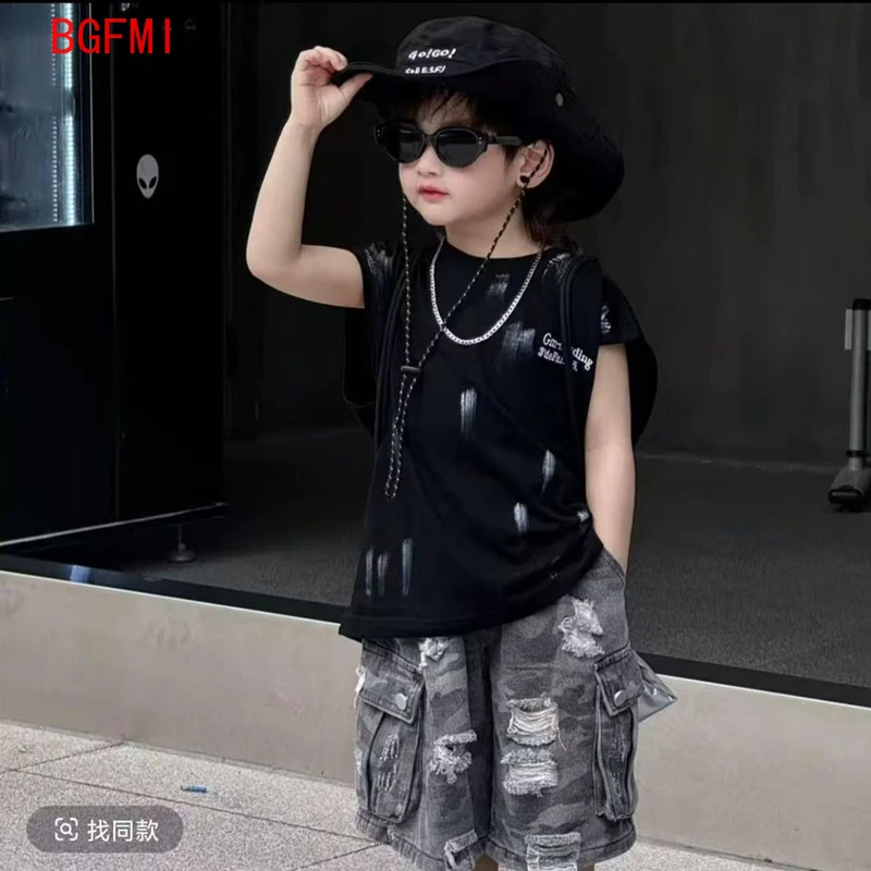 Summer Boys Loose Sleeveless Printed T-Shirt Tops + Hole Shorts 2PCS Set Child Outfit Handsome Kids Clothes Boys 2-10Y Vest Suit