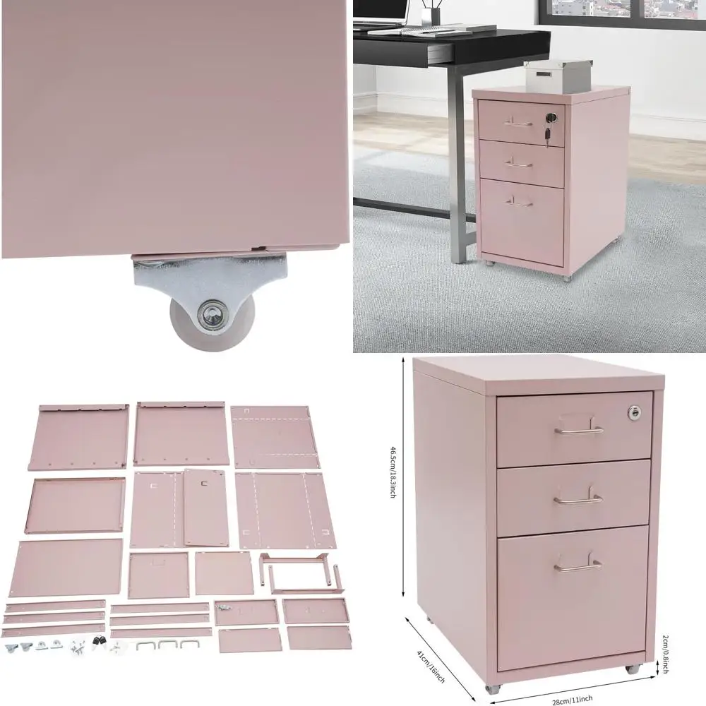 

Pink 3-Tier Vertical Metal File Cabinet with Lock and Casters
