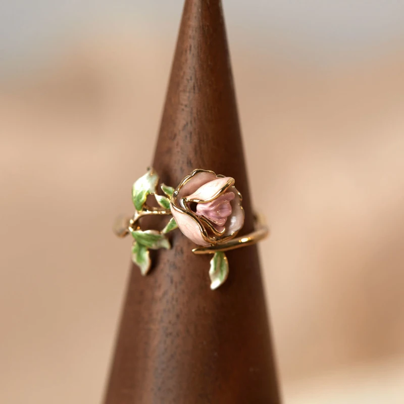 Romantic Sweet Enamel Pink Rose Flower Engagement Rings for Women Retro Exquisite Adjustable Jewelry Gifts to Girlfriend