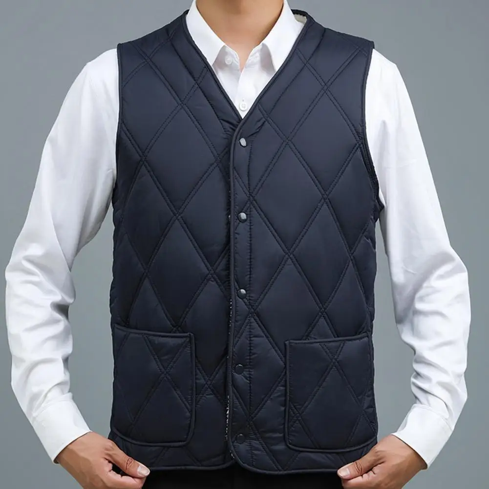 Men Velvet Waistcoat Men's Velvet Quilted V-neck Waistcoat with Plush Lining Single-breasted Design Buttons Winter Cotton Vest