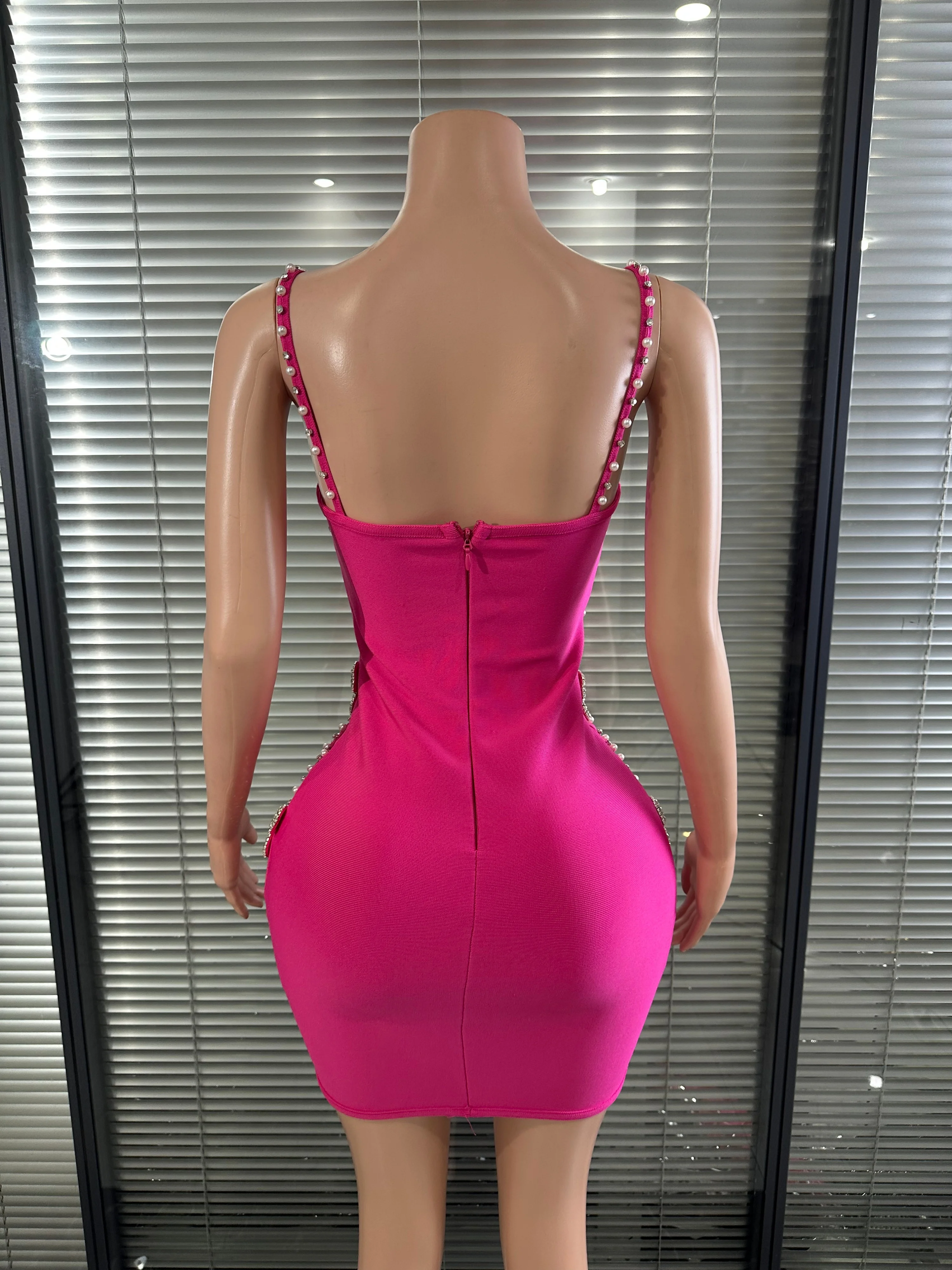 

Hot Pink Opulent Rhinestone Bow Beaded Bandage Dress Women Sexy Bodycon Mini Dress Birthday Party Cocktail Nightclub Outfit