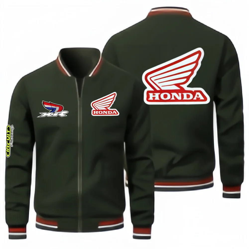 Honda Motorcycle Style Baseball Jacket With Retro Racing Print Design, Windproof And Versatile Daily Casual Flight Jacket