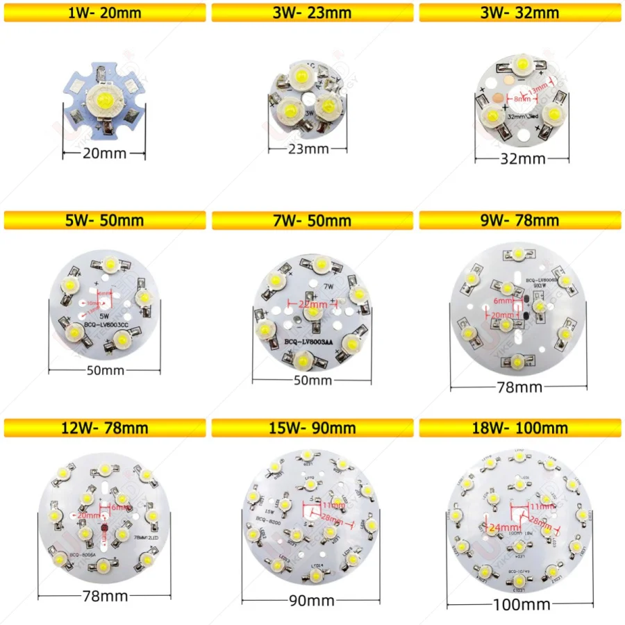 Luminosità 1-18W LED Epistar chip perlina ad alta potenza con piastra di base in alluminio Radiatore saldato connessione JST, pannello LED circolare