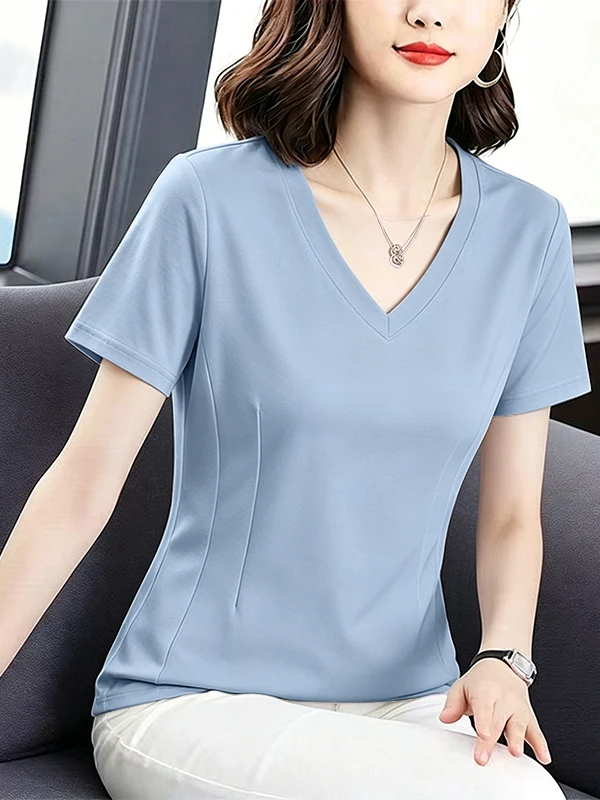 Loose Fit V-Neck Short Sleeve T-Shirt 95 Cotton Women's Fashionable Summer Clothing Large Size Versatile Stylish Stitch Desig...