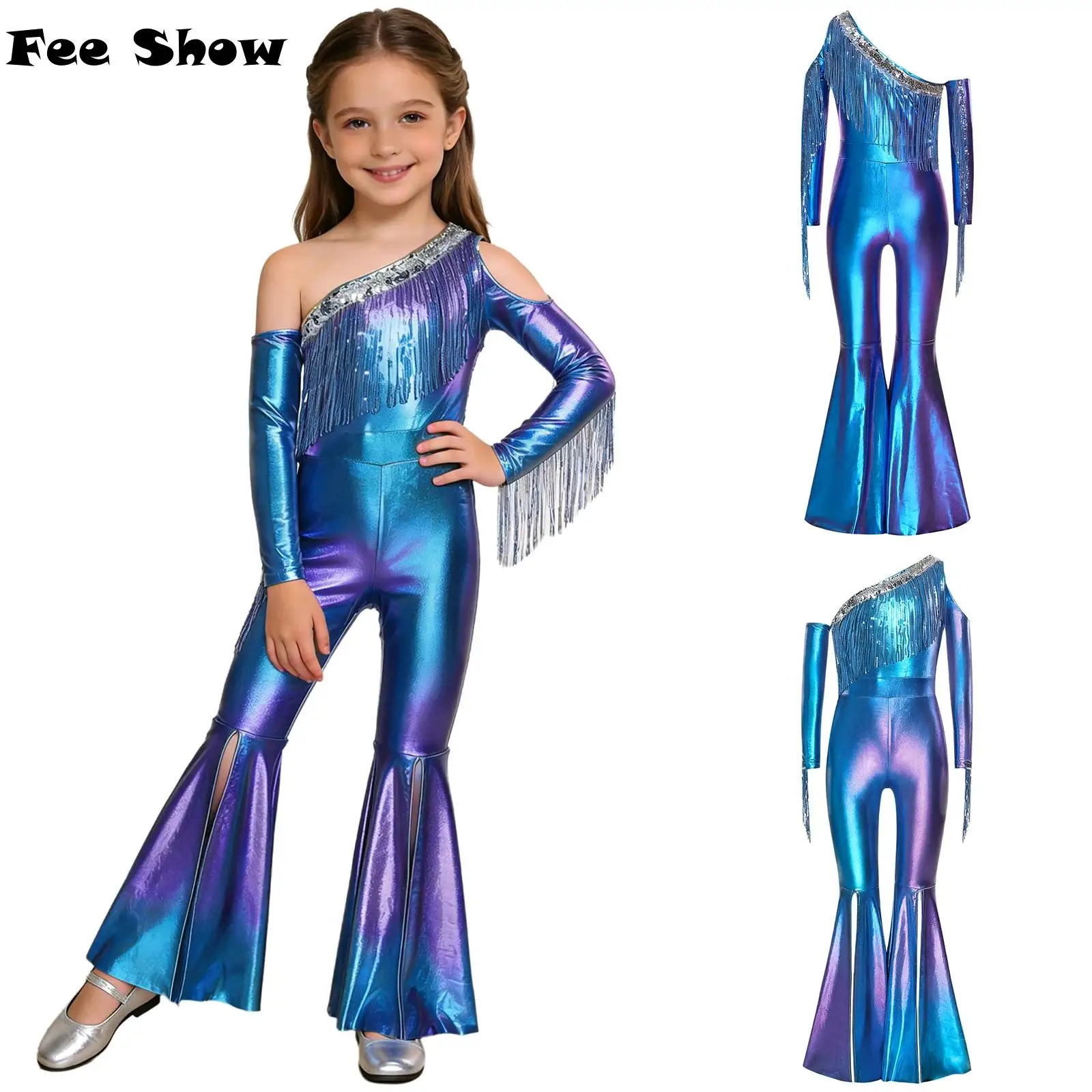 

Girls Metallic Shiny Pageant Rompers Off Shoulder Long Sleeve Sequin Tassel Slit Bell Bottom Legs Jumpsuit for Disco Party