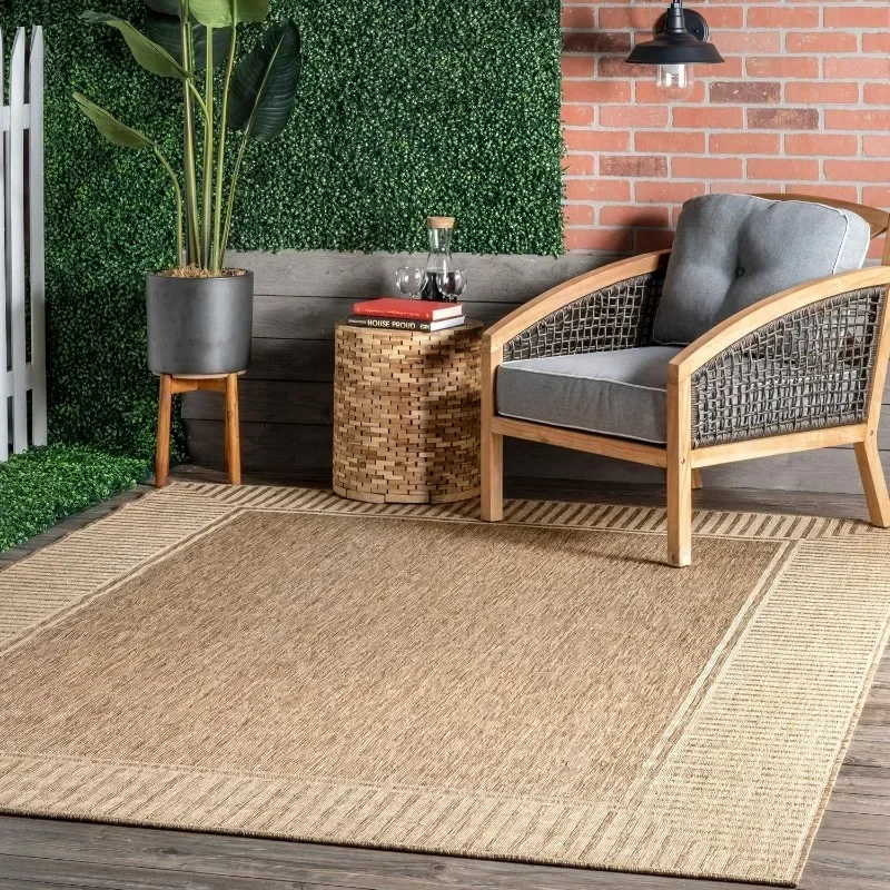 

Outdoor Area Rug, Casual Design With Striped Border, Stain Resistant, Highly Durable, For Patio, Balcony, Bedroom, Living Room