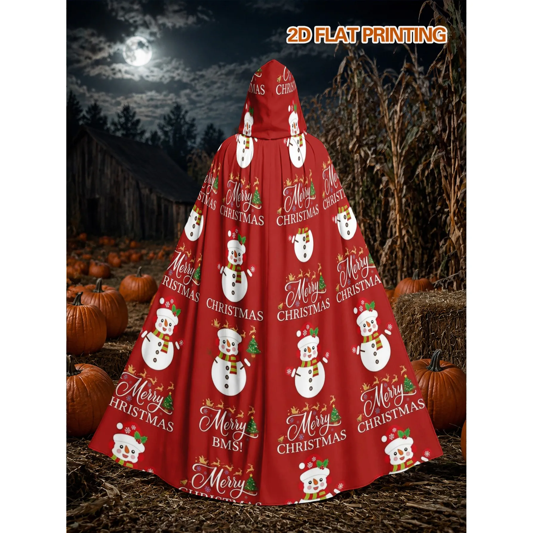 Christmas Snowman Print Hooded Long Cape Unisex Polyester Cloak for Halloween Christmas Parties