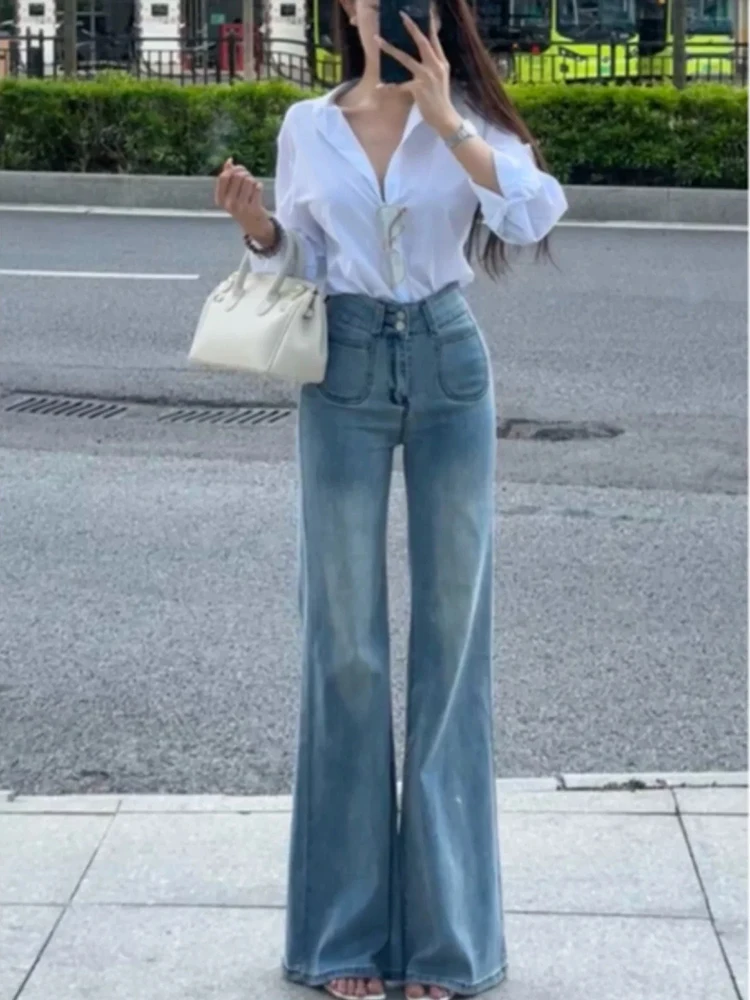 

New Fashion Street Casual Women Jeans Loose Blue Slim Flared Pants Female Chicly Simple Basic High Waist Woman Jeans