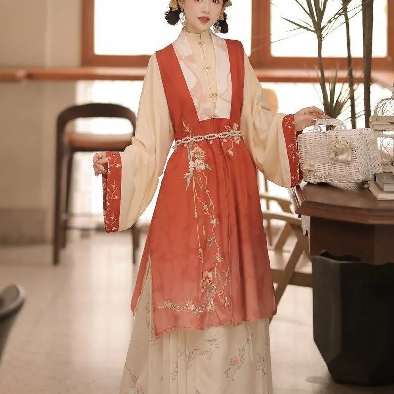 

Women's Han Chinese Clothing Stand Collar Placket Aoqun Embroidered Skirt Suit Daily Long Jacket Ming