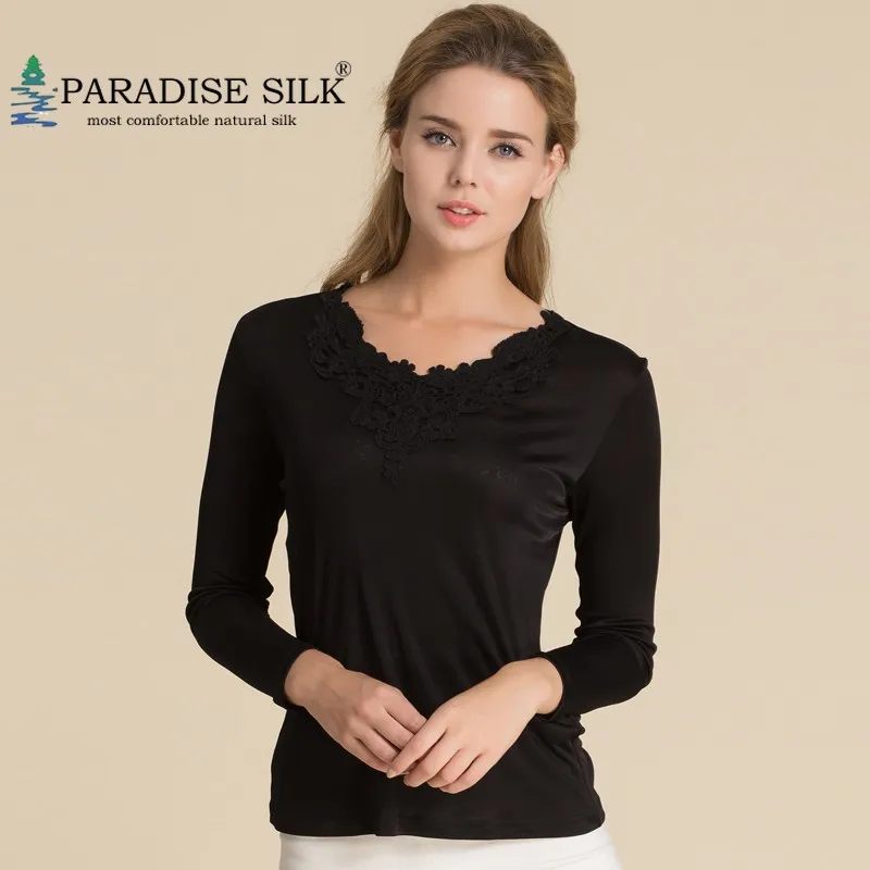 Special Offer Women Shirts 100% Silk Knit Lace V Neck Long Sleeve Top Bottoming Shirt Clothes Size L XL