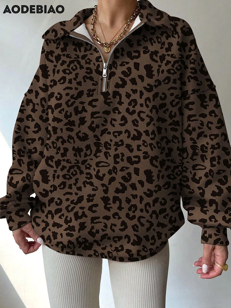 AODEBIAO Leopard Print Hoodie Women Coat Autumn Long Sleeves Fashion Turn-Down Collar Hoodie Casual Loose Hoodie Lady Streetwear