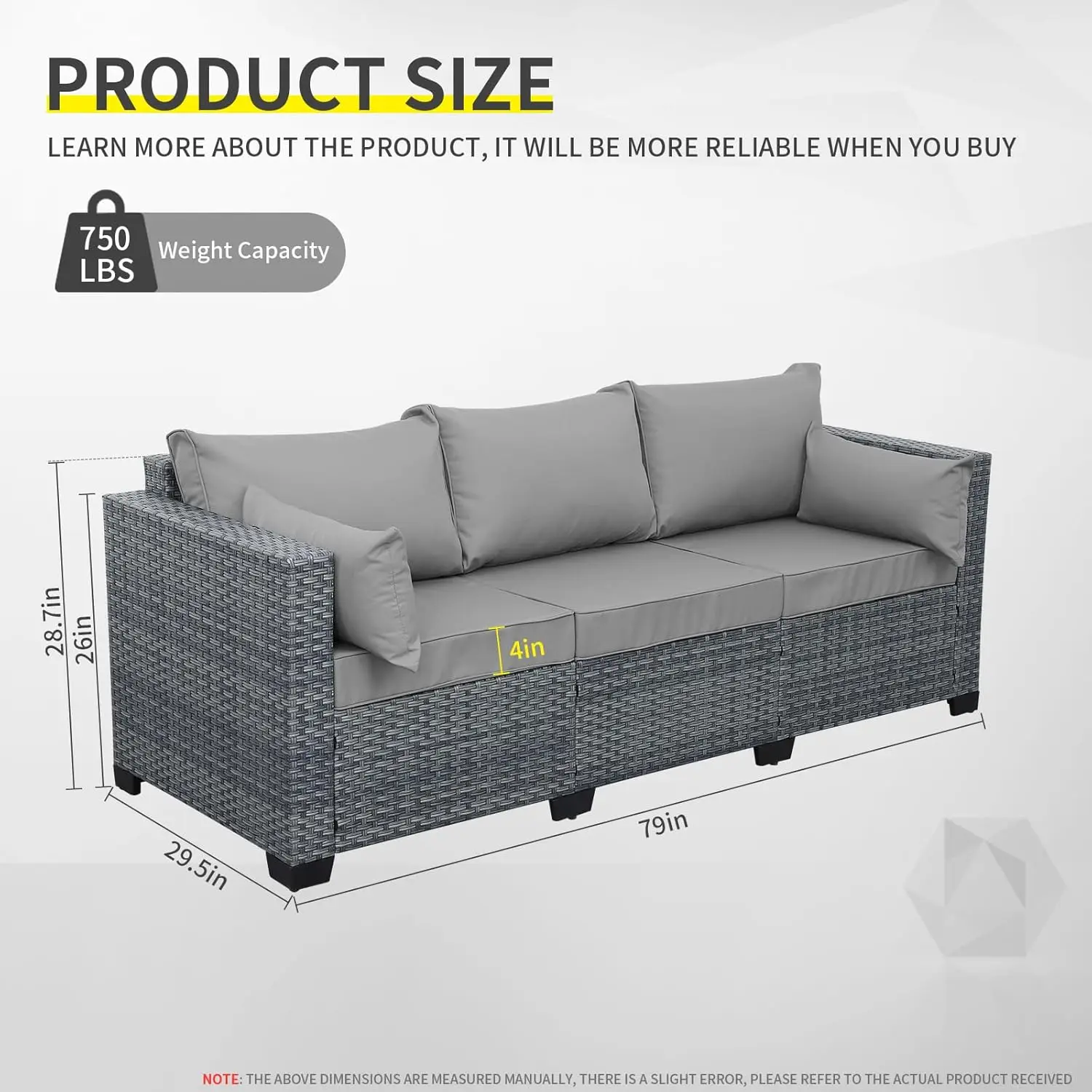 Wicker Rattan Patio Couch, Outdoor 3-seat Sofa, All Weather PE Rattan, Deep Seating Deck Furniture Set with Grey Cushions