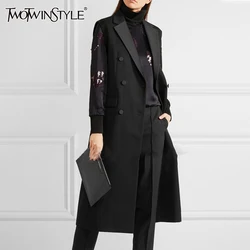 TWOTWINSTYLE Solid Spliced Pocket Waistcoat For Women Lapel Long Sleeve Patchwork Double Breasted Slimming Coat Female Fashion