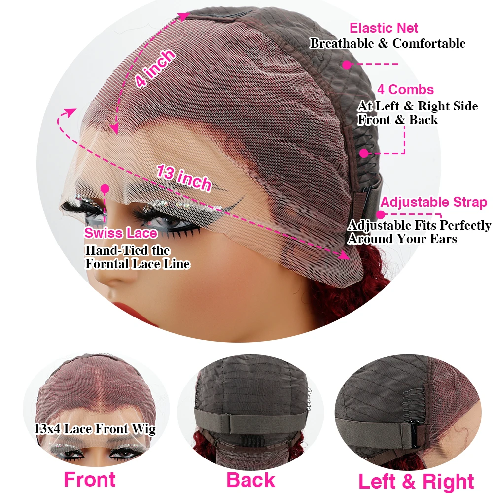 99J Burgundy Colored 200 Density Straight Short Bob Wig 13x4 HD Full Lace Front Human Hair Wigs For Women 8-14 Inch Remy Hair