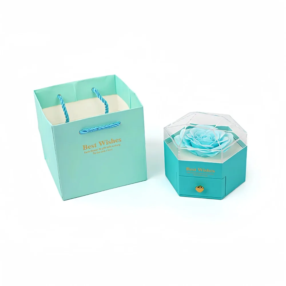 

Rose Flower Jewelry Ring Box Luxury Romantic Accessories Pendant Necklace Box Hexagonal Jewelry Display Wedding Storage Case