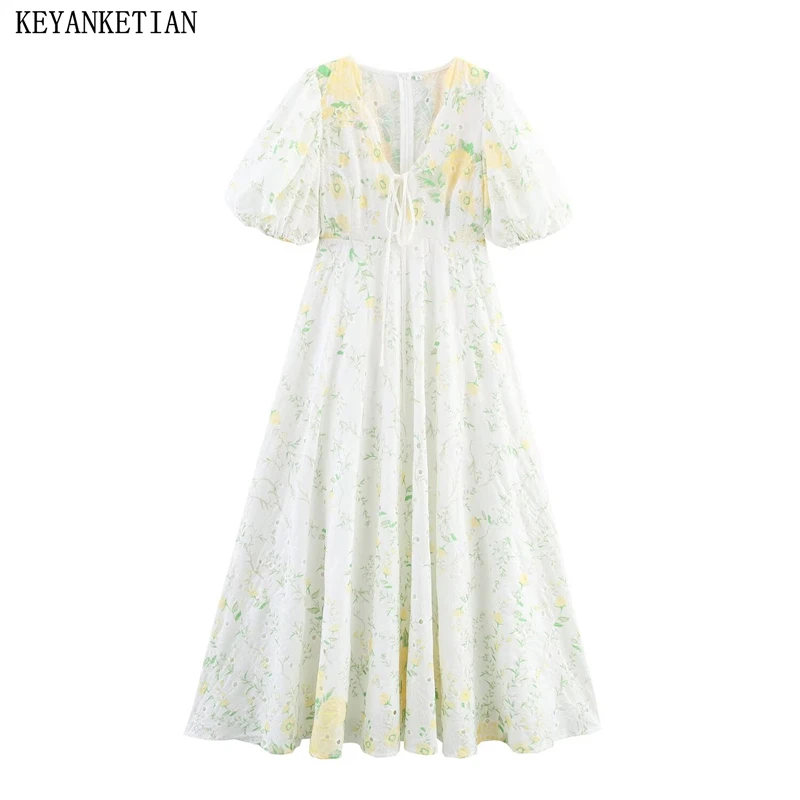

KEYANKETIAN Summer New Women's Hollowed-out Embroidery Print MIDI Dress Holiday wind V-Neck Puff Sleeve Slim Fresh Long Dresses