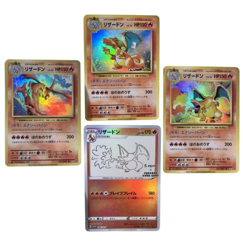 4pcs/set Pokemon Charizard Japanese Version Self Made Refraction Flash Card Anime Classics Game Collection Cards Toy Gift