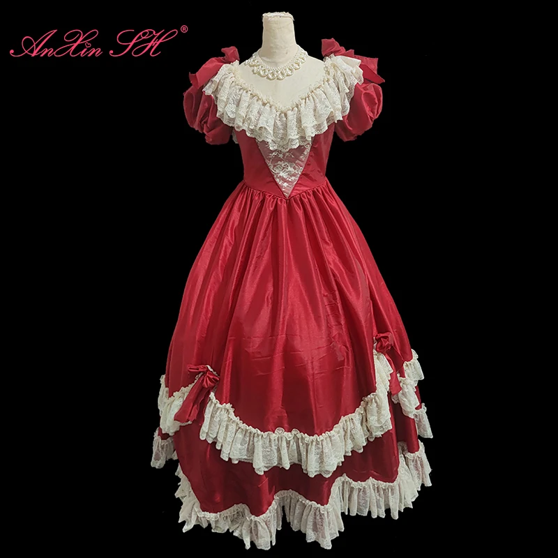 

AnXin SH princess wine red Simulated silk double palace satin white flowers lace v neck bow lace up customized wedding dress