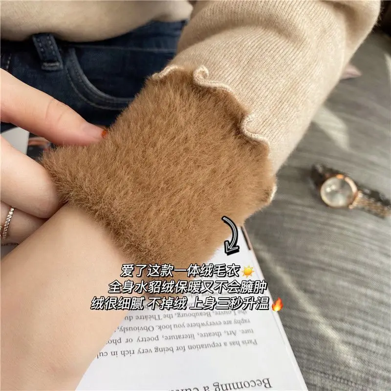 Women Letter Embroidery Plush Velvet Sweater Korean Half Turtleneck Knitted Sueter Fleece Lined Long Sleeve Knitwear Pullover