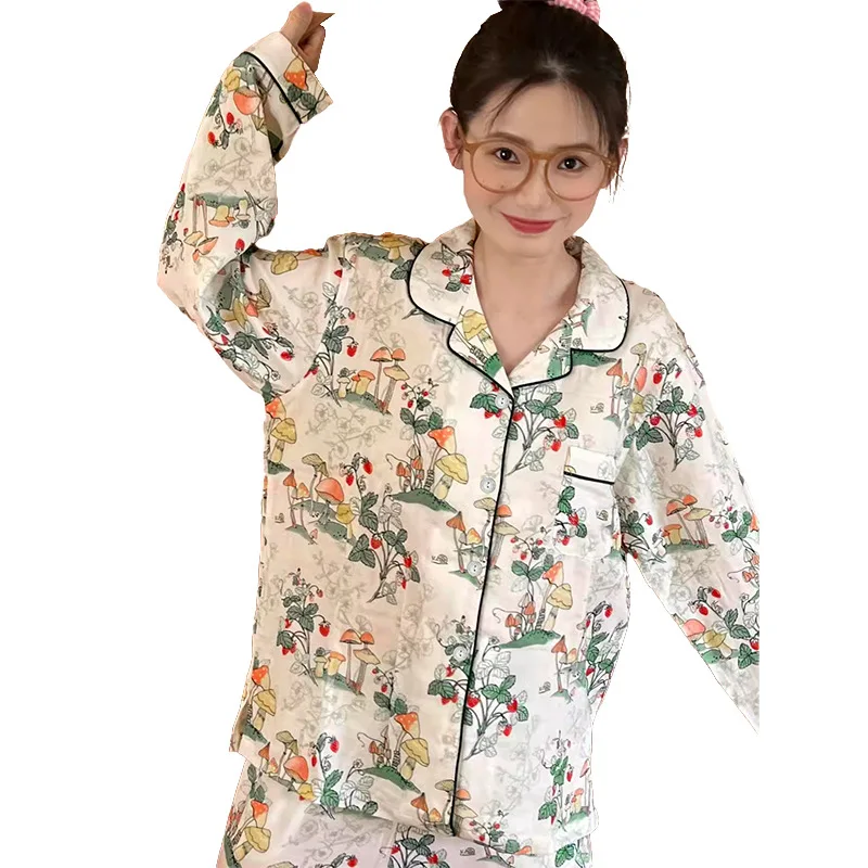 Women\'s Pajamas Sets Spring Autumn 2 Piece Mushroom Print Pyjama Faux Silk Satin Sleepwear Long Sleeve Pijama Mujer Pjs Homewear