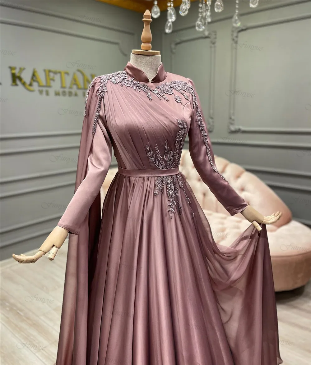 Elegant Arabic Muslim Women Formal Dress Full Sleeves Robes De Soirée A-Line Chiffon High Neck Dubai Caftan Evening Prom Dresses