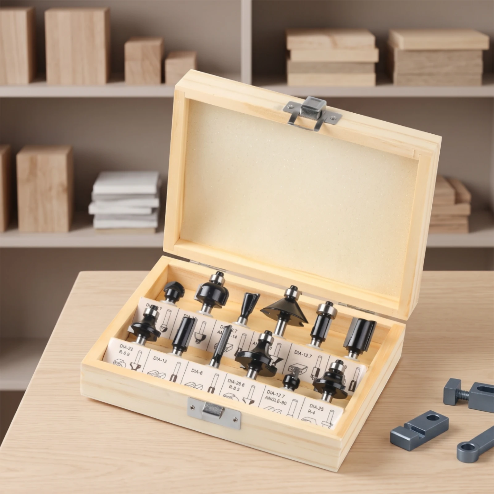 12 Pieces Router Bit Set with Wooden Storage Case Sharp Router Bit Set with Wooden Case Tool Accurate Versatile for Woodworkers